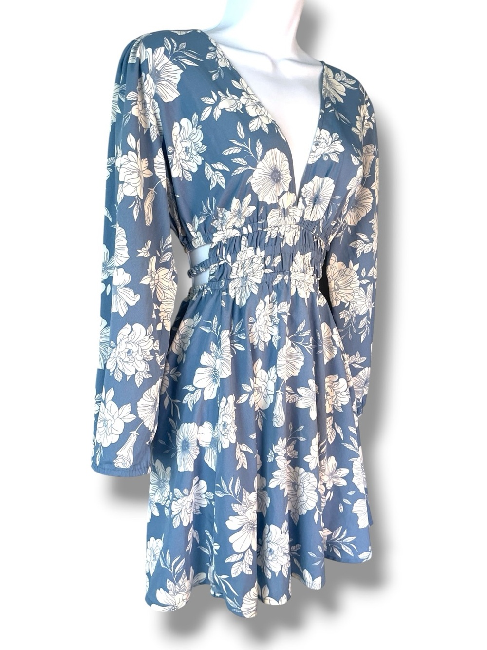 Floral Cutout Mini Dress Blue White Long Sleeve Boho Cottagecore - Indulge